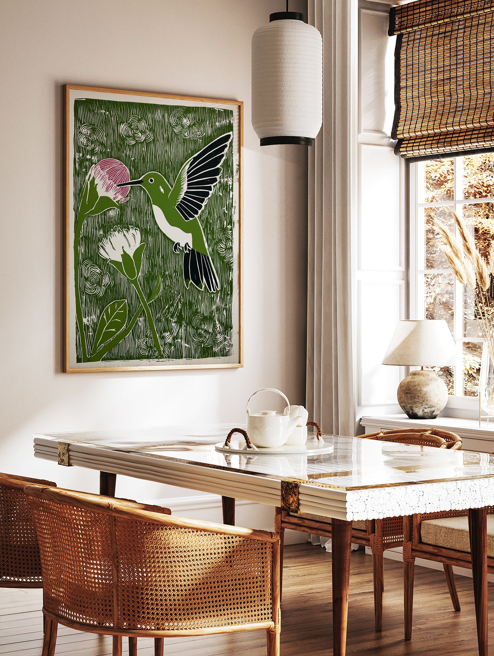Green linocut print of a hummingbird with a pink flower, white flower, and foliage. - Image 3