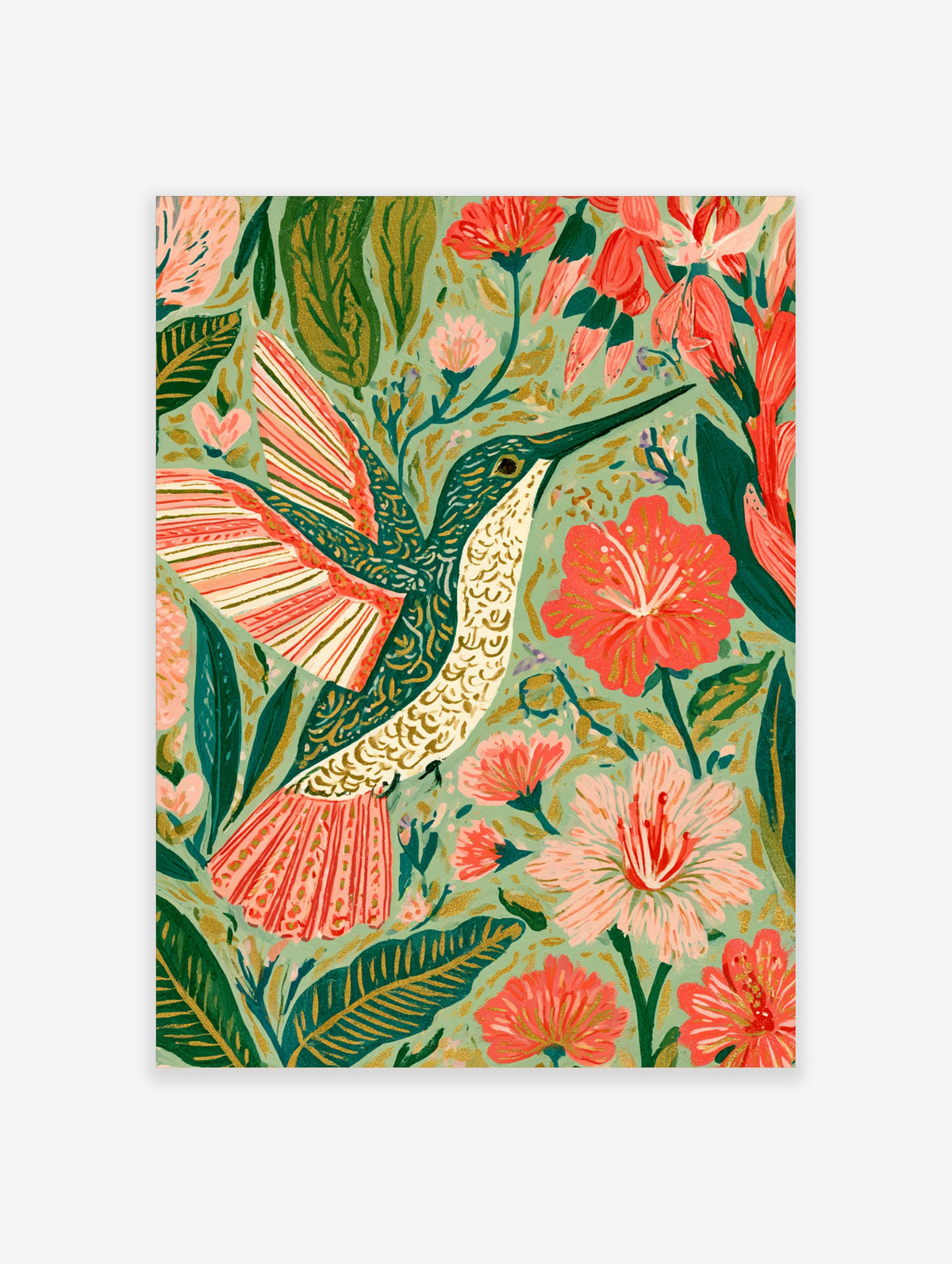 Hummingbird and pink flowers illustration art print on sage green background