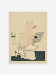 Illustrated humorous dog wall art showing a red dog sitting on a toilet reading a newspaper on a cream background.