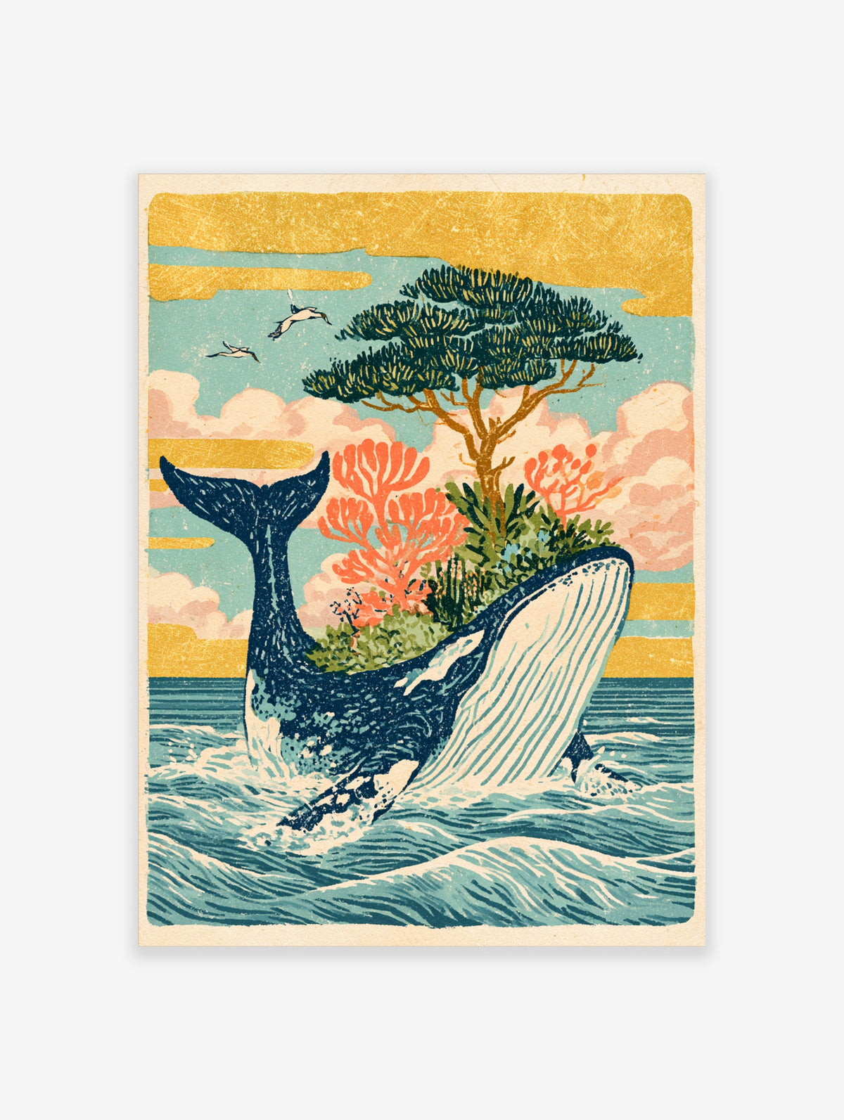 Humpback whale art print with pine tree and coral on its back, ocean waves and pink clouds