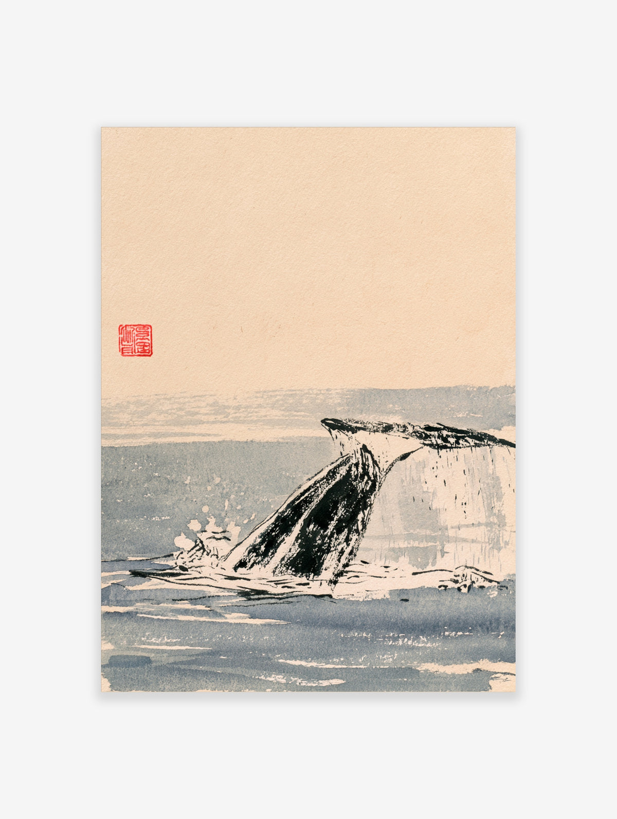 Humpback whale breaching from blue sea in Japanese ink style with red seal