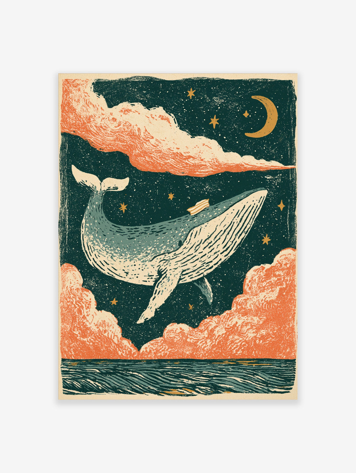 Humpback whale floating in starry night sky with crescent moon and orange clouds art print