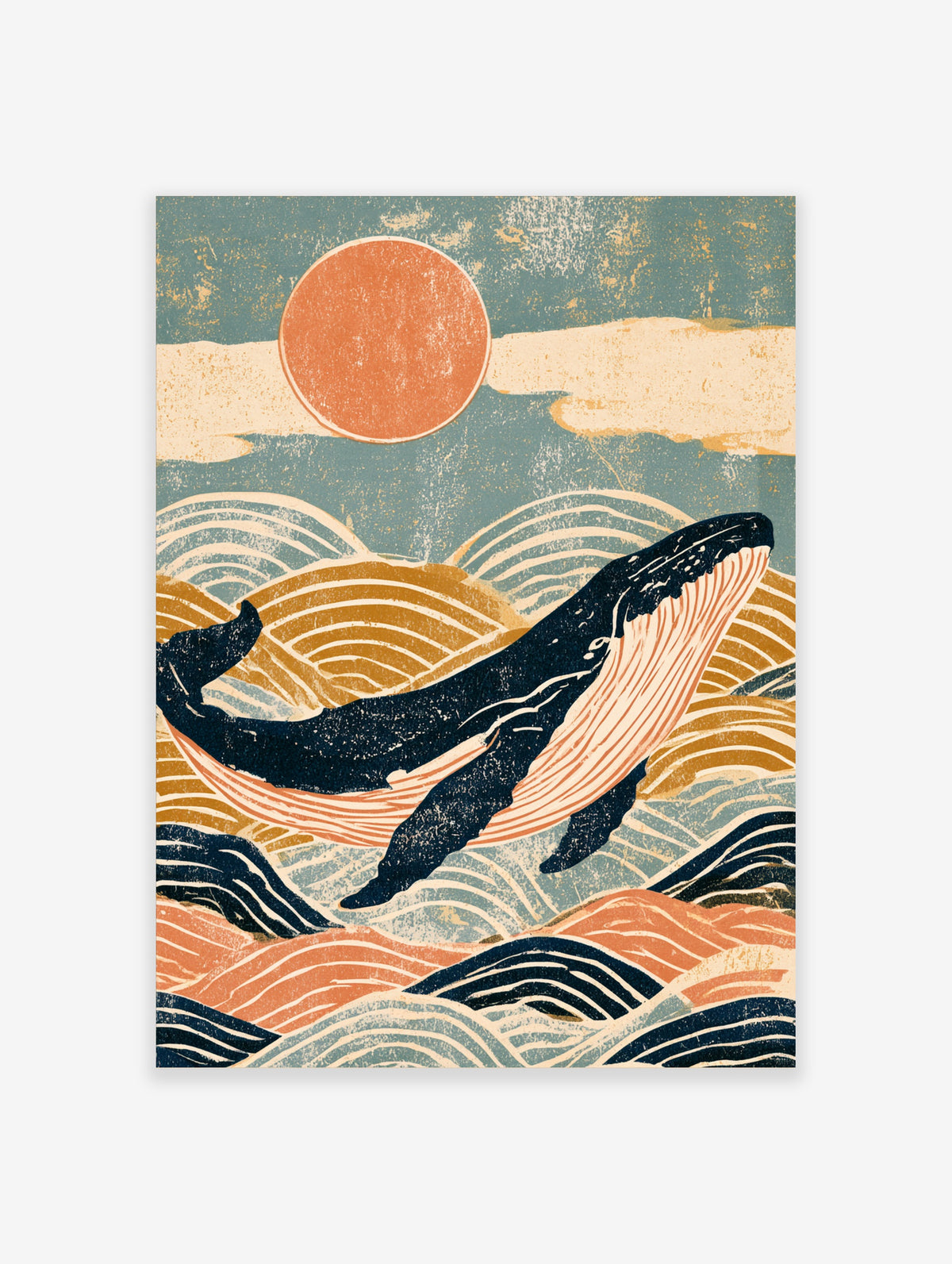 Humpback whale breaching above stylised ocean waves under a coral sun, Japanese-inspired poster