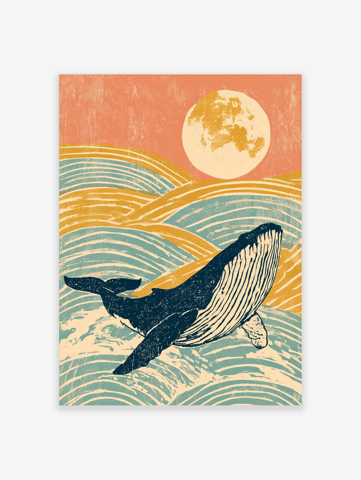 Humpback whale breaching through stylised blue and gold waves under a full moon and coral sky art print