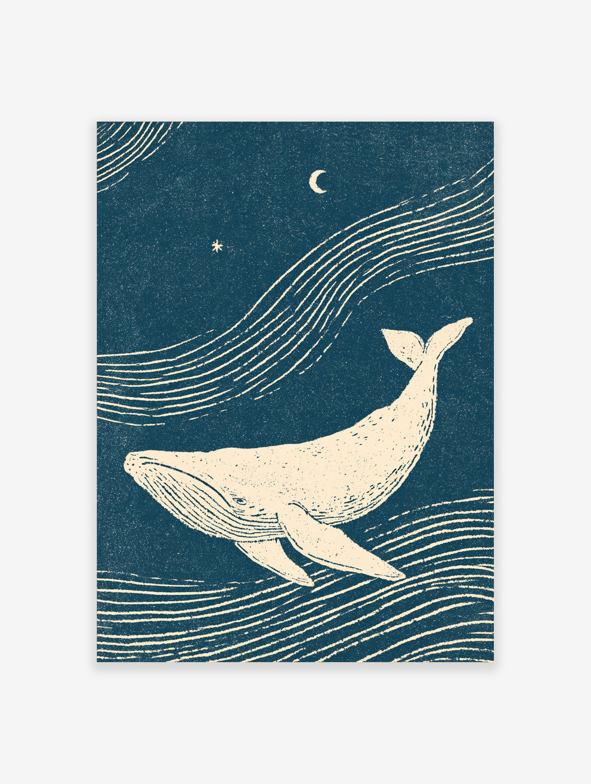 Humpback whale poster with crescent moon, star and flowing wave lines on deep teal background