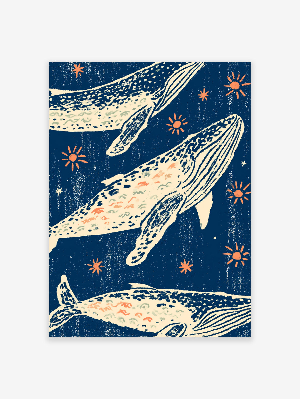 Humpback whale poster with three whales, orange suns, and stars on a navy background