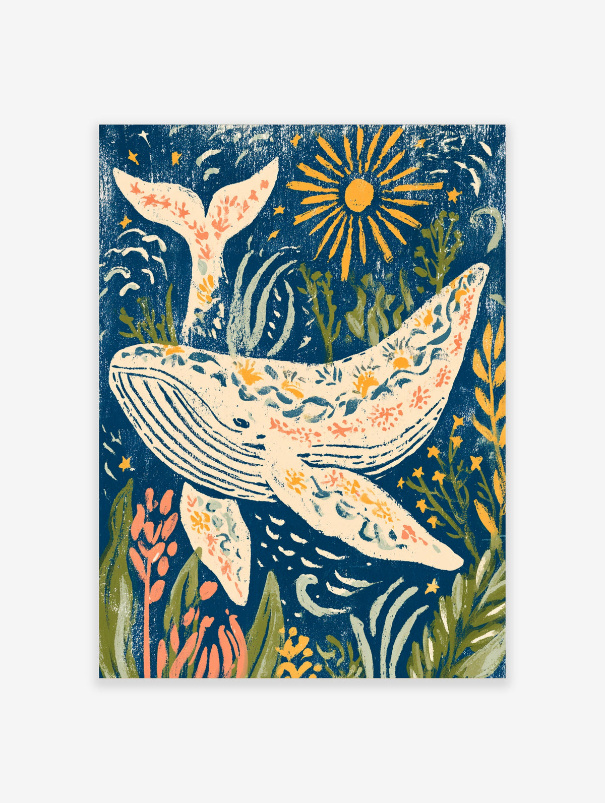 Navy humpback whale poster with folk-art sun, seaweed, and stars, unframed paper print