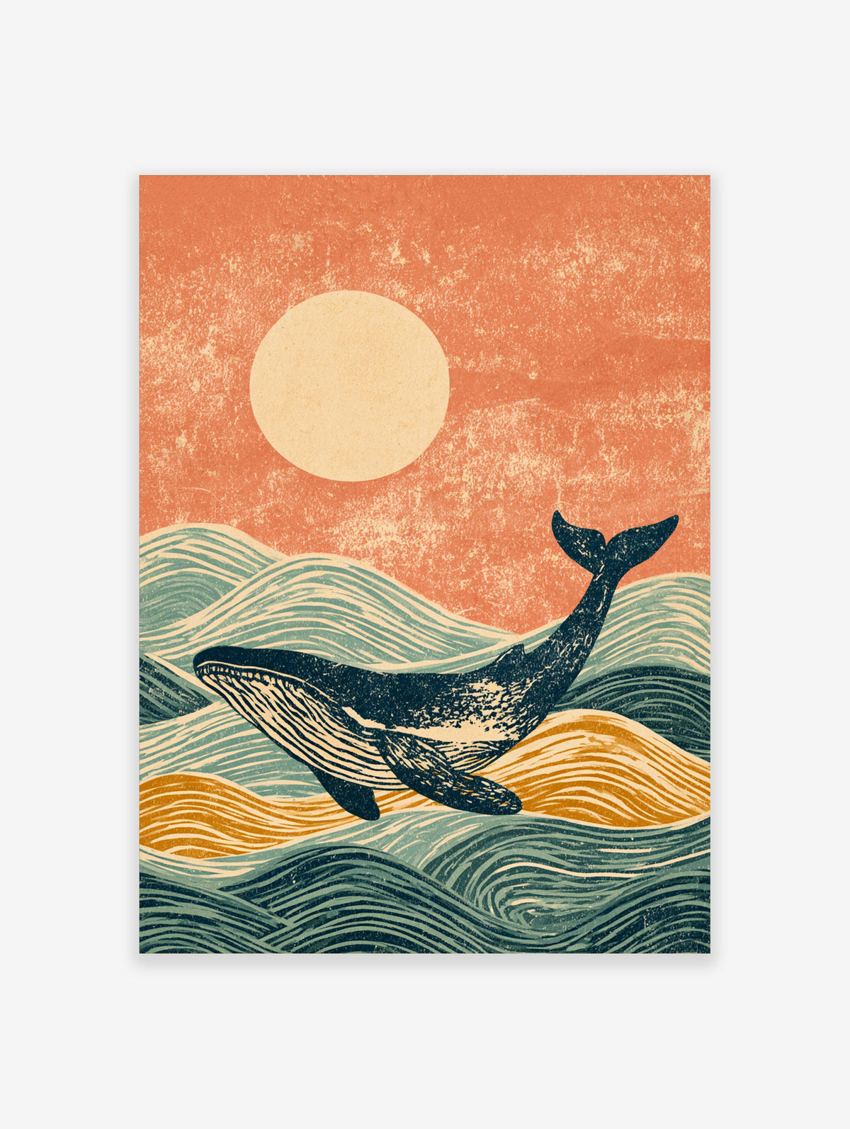 Humpback whale breaching above stylised teal and mustard ocean waves with a pale sun and coral sky