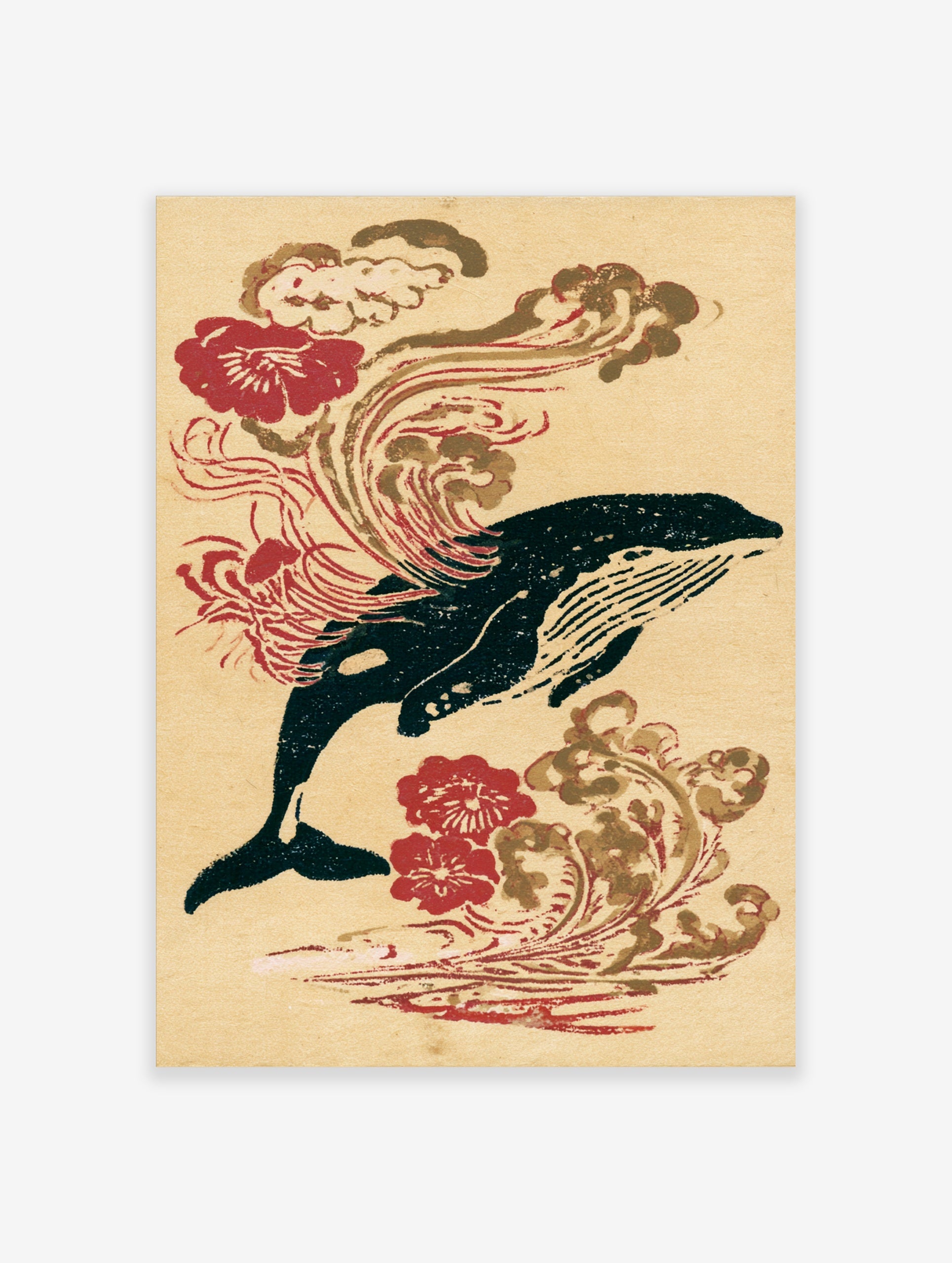 Humpback whale illustration in Japanese woodblock style with red flowers and wave patterns on a neutral background
