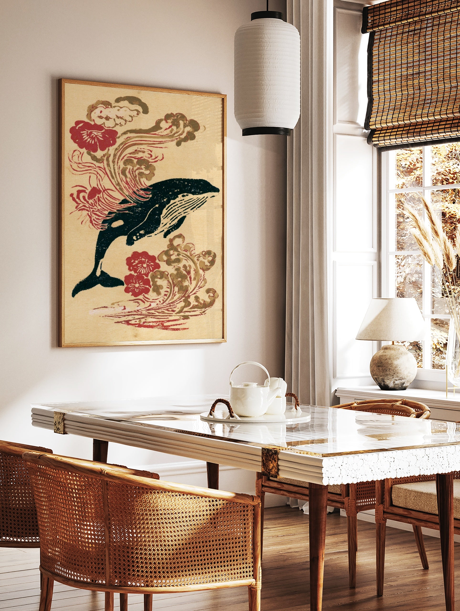 Humpback whale illustration in Japanese woodblock style with red flowers and wave patterns on a, in a styled room mockup