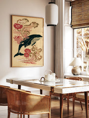 Humpback whale illustration in Japanese woodblock style with red flowers and wave patterns on a, in a styled room mockup