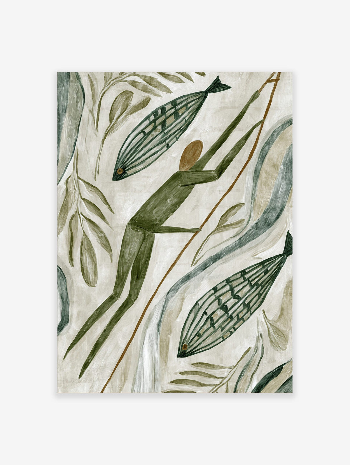 Primitive style hunter with spear and two striped fish, surrounded by green leaves and abstract shapes on a beige background