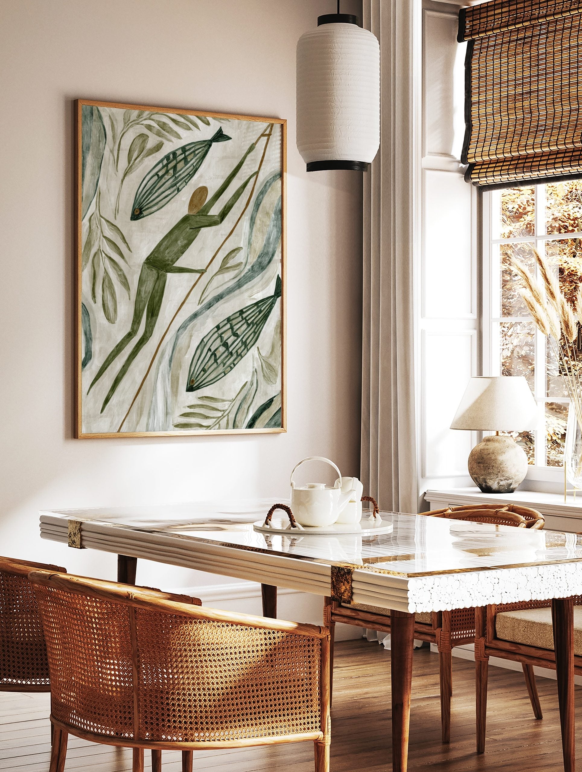 Primitive style hunter with spear and two striped fish, surrounded by green leaves and abstract, in a styled room mockup