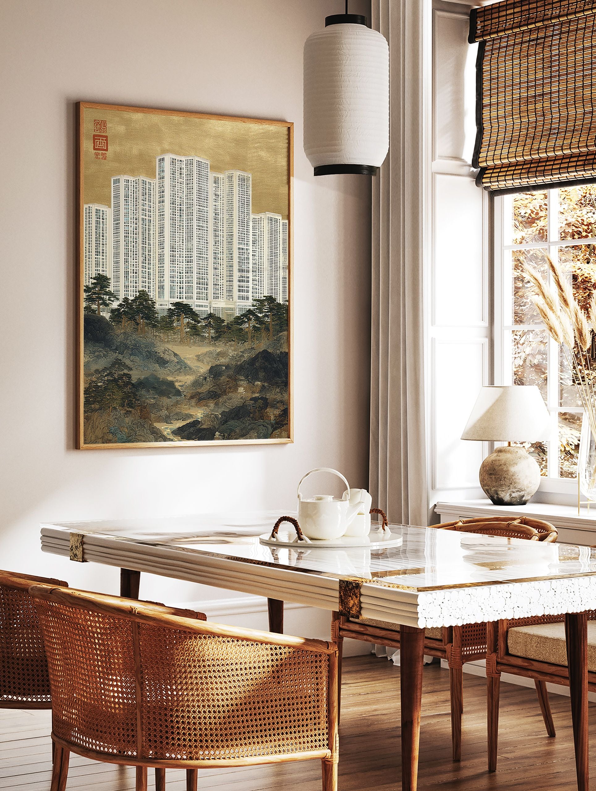 Hybrid landscape art featuring traditional Chinese mountains, pine trees, and modern skyscrapers under a gold sky. - Image 2