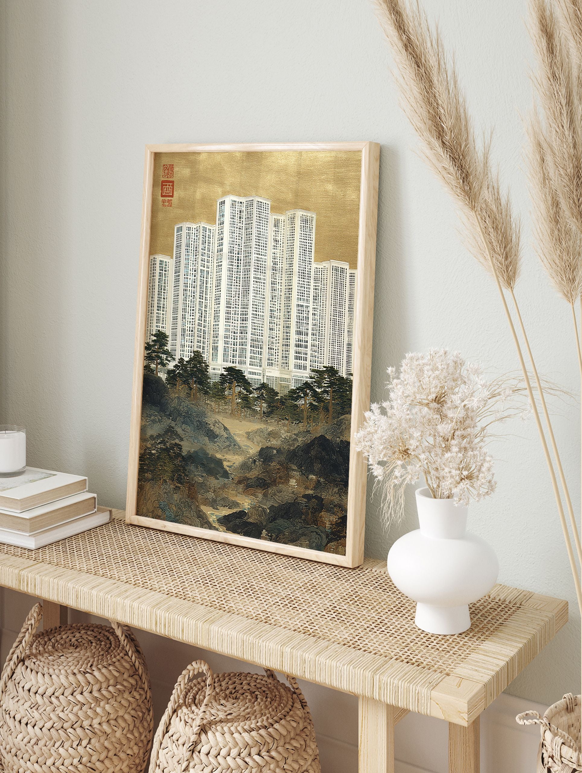 Hybrid landscape art featuring traditional Chinese mountains, pine trees, and modern skyscrapers under a gold sky. - Image 3
