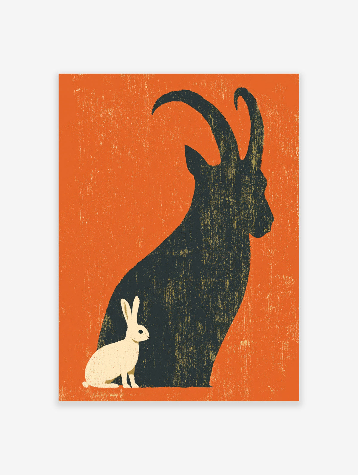 Ibex and hare art print with dark animal silhouette on orange background