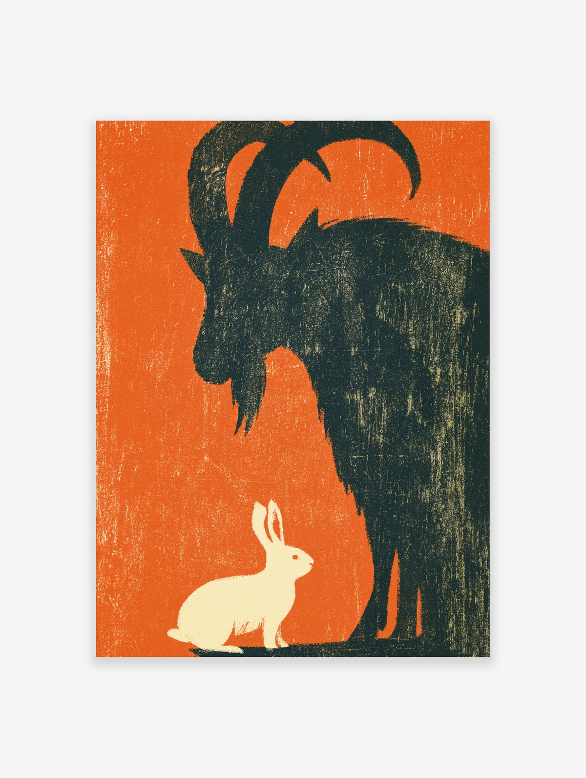 Dark ibex and cream hare animal poster on textured orange background