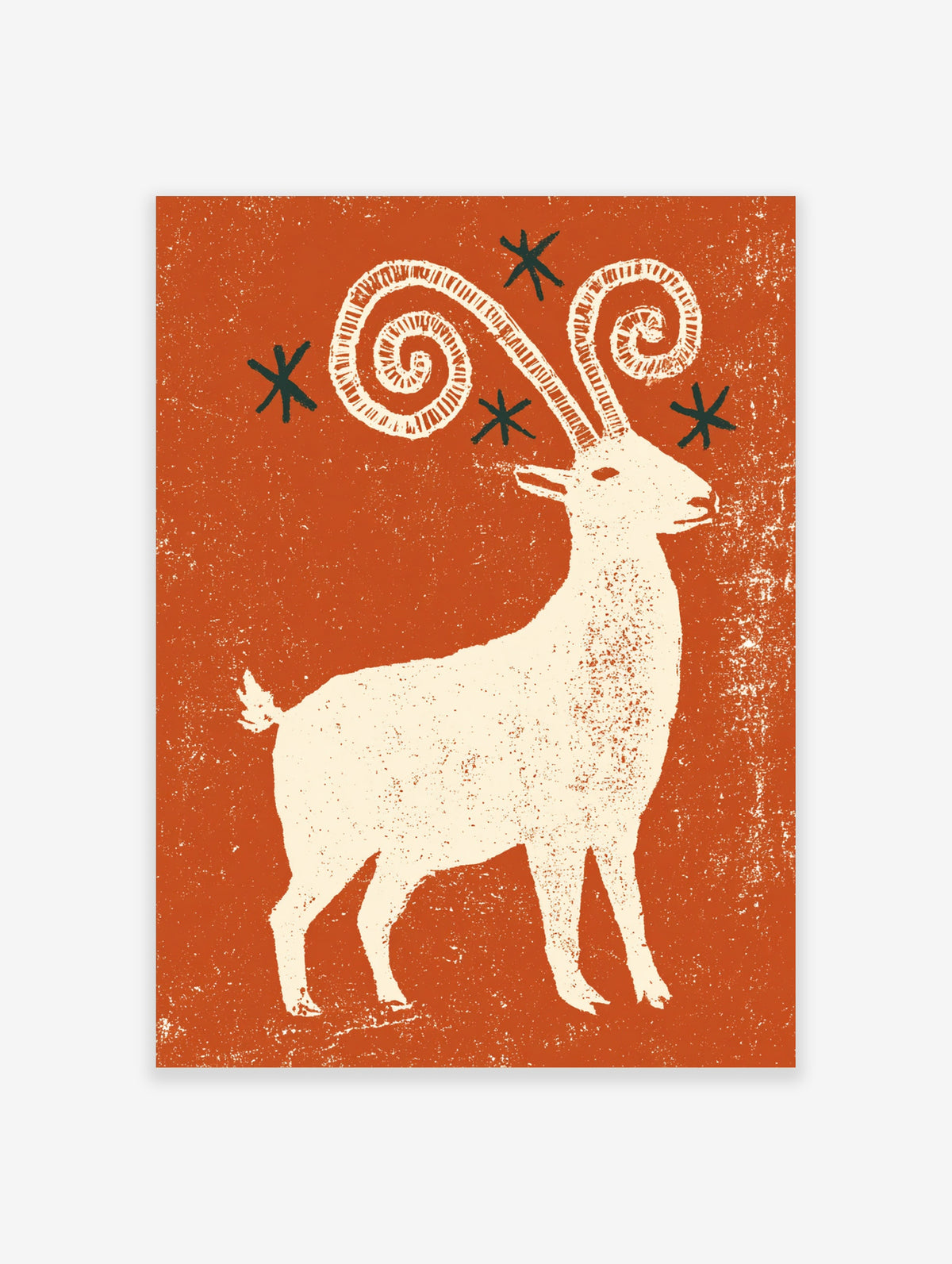 Cream ibex with spiral horns and black stars on rust orange background art print