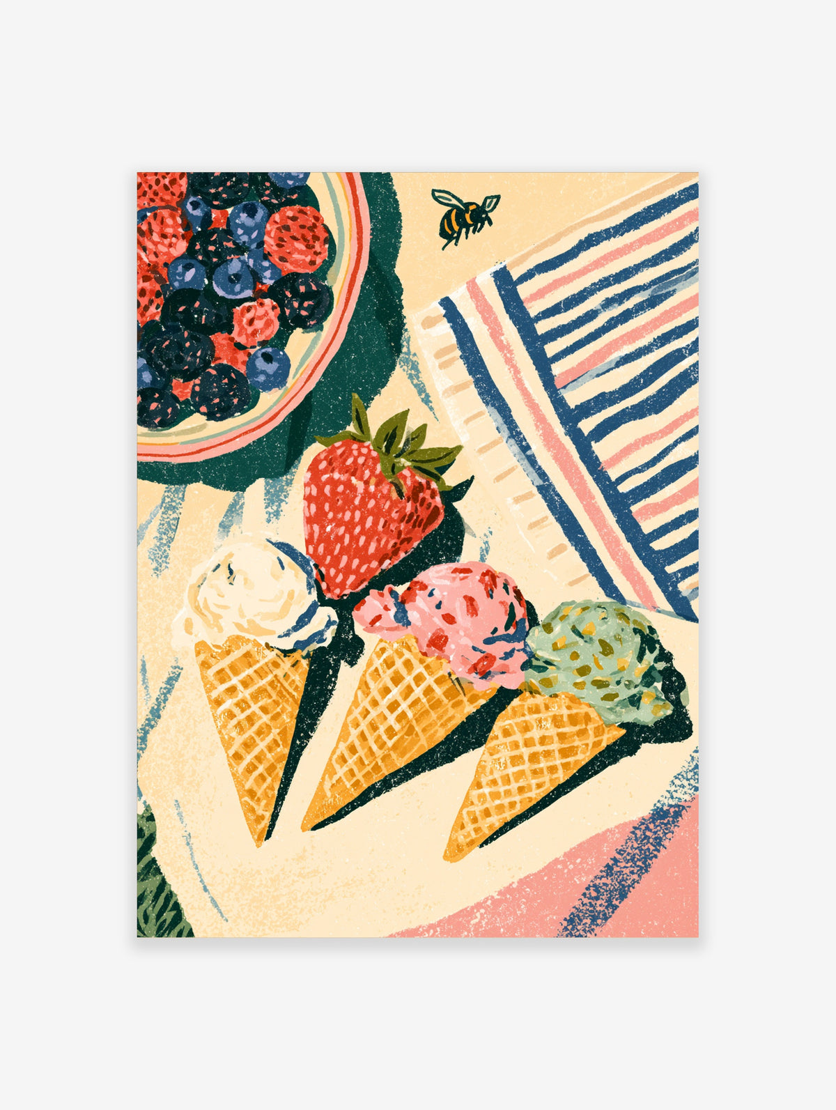 Ice cream and berries poster with three waffle cones, a bowl of berries, striped cloth, and a bee