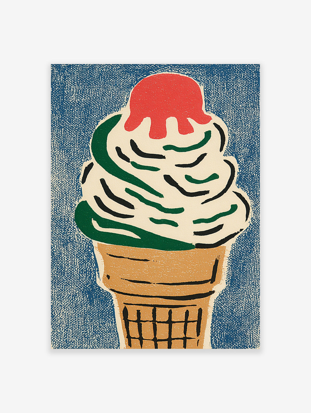 Retro ice cream cone print with red scoop, green swirls, and waffle cone on textured blue background