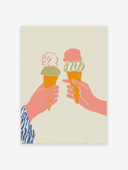 Two hands holding orange ice cream cones with pink and green scoops, on a light beige background in an illustrative style