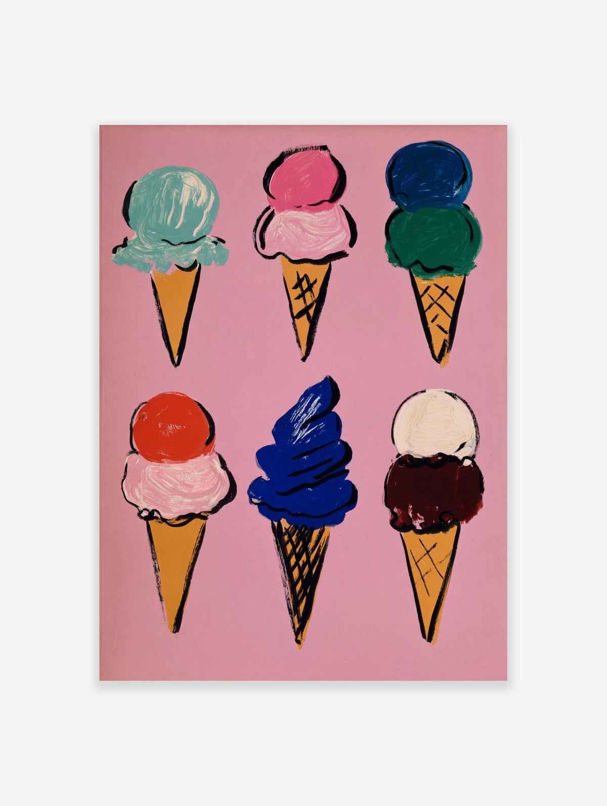 Colourful ice cream poster with six painted cones on a pink background
