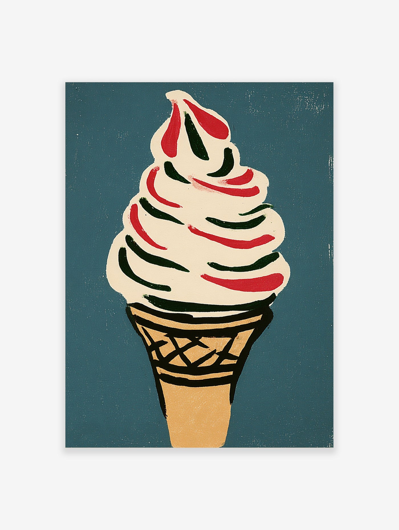 Retro ice cream cone with red and green swirls on teal background, illustrative poster