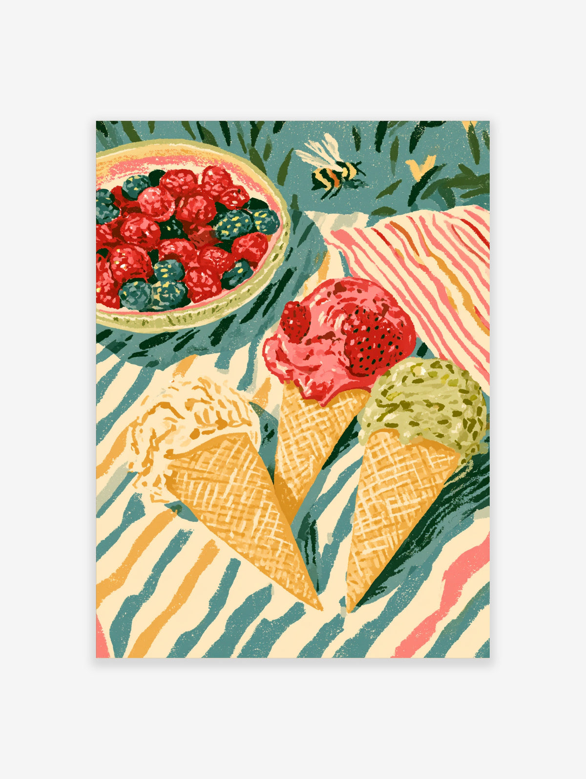 Colourful ice cream poster with three waffle cones, berries, and a bee on a striped picnic blanket
