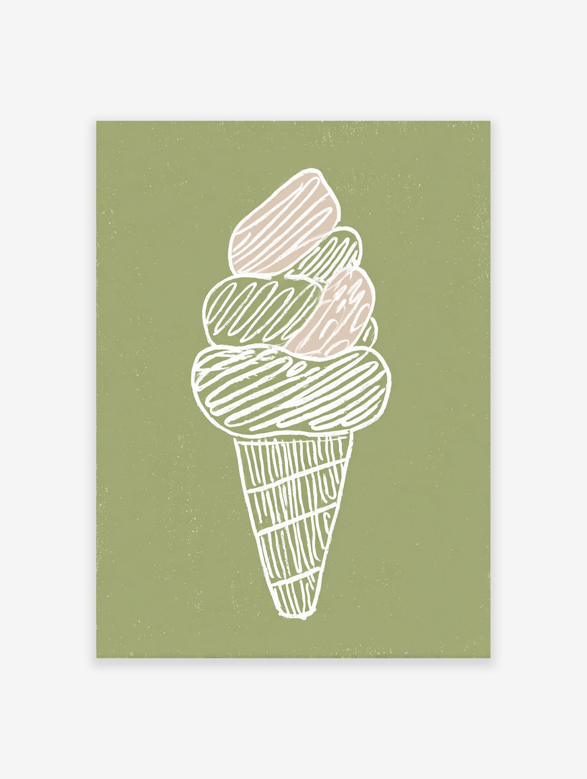 Illustrated ice cream cone wall art print with white outline and beige and green scoops on a textured green background.
