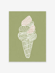 Illustrated ice cream cone wall art print with white outline and beige and green scoops on a textured green background.