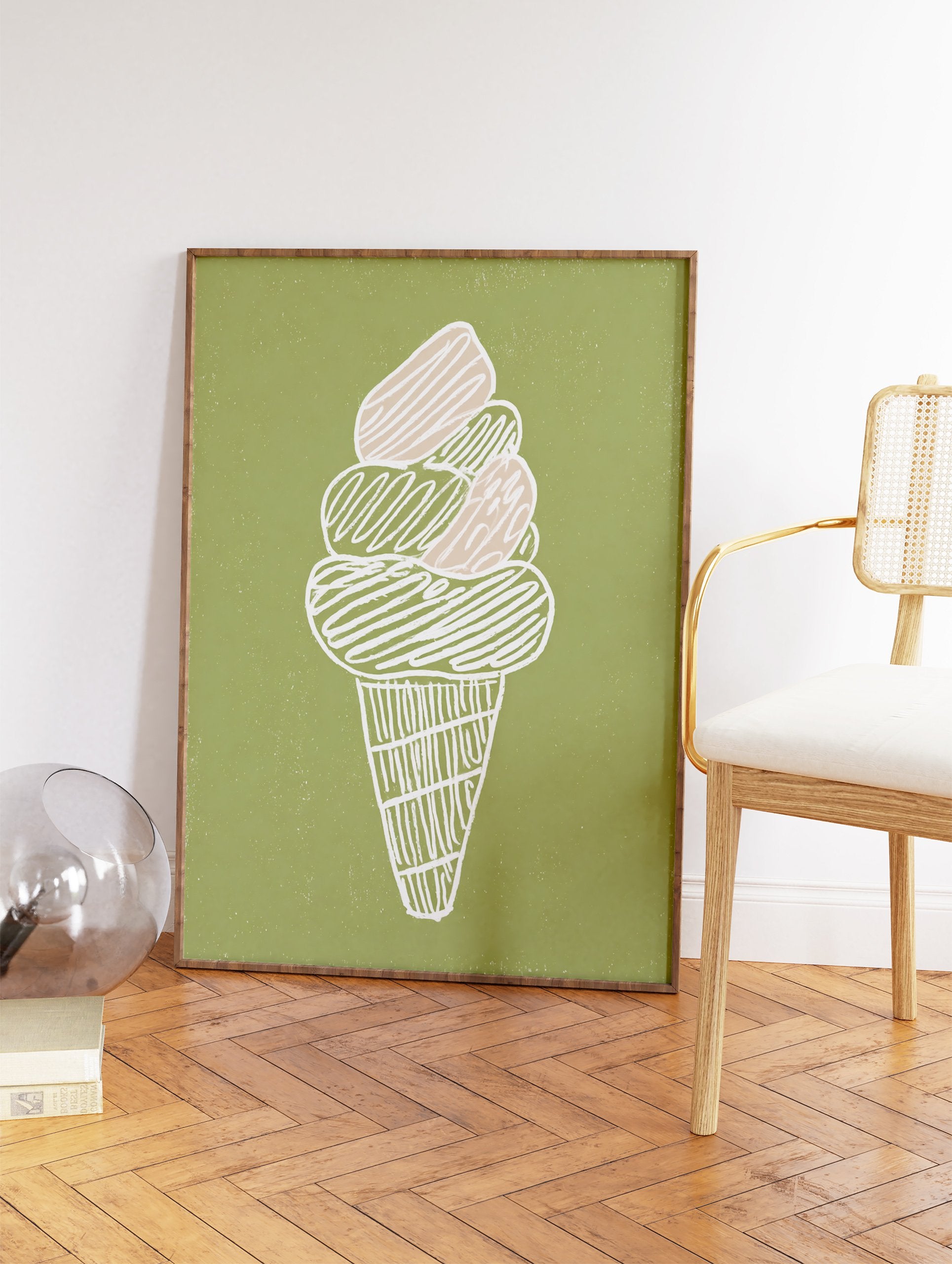 Illustrated ice cream cone wall art print with white outline and beige and green scoops on a textured green background. - Image 2