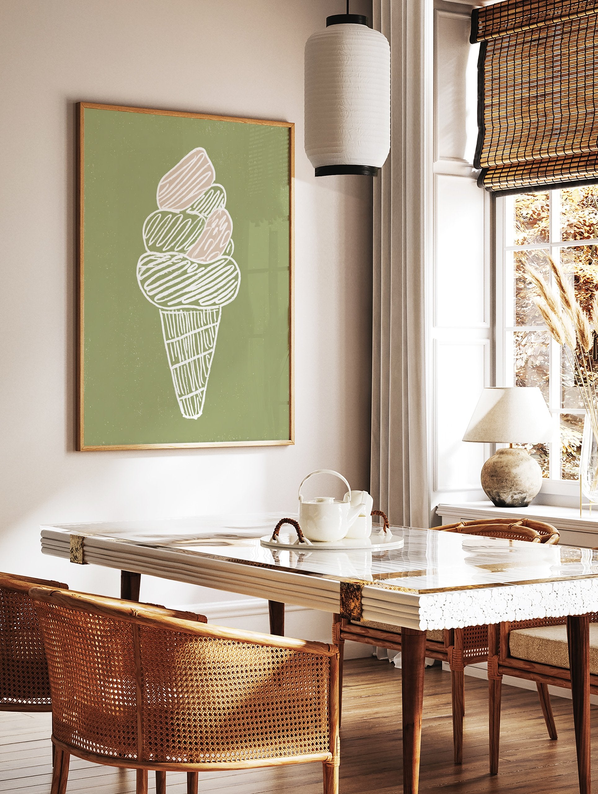 Illustrated ice cream cone wall art print with white outline and beige and green scoops on a textured green background. - Image 3