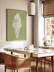 Illustrated ice cream cone wall art print with white outline and beige and green scoops on a textured green background. - Image 3