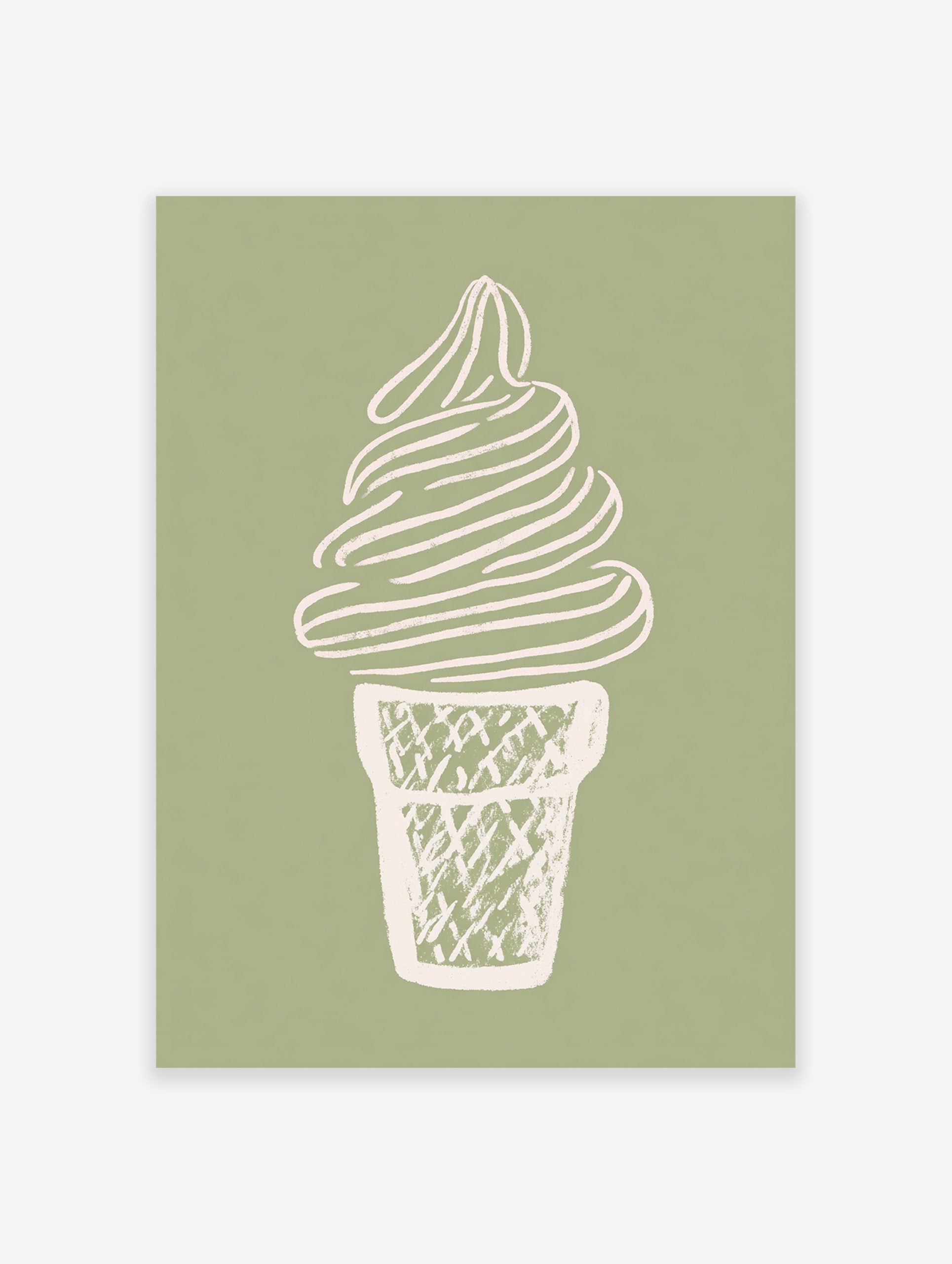 Minimalist illustration of a soft-serve ice cream cone in an off-white waffle cone on a sage green background.