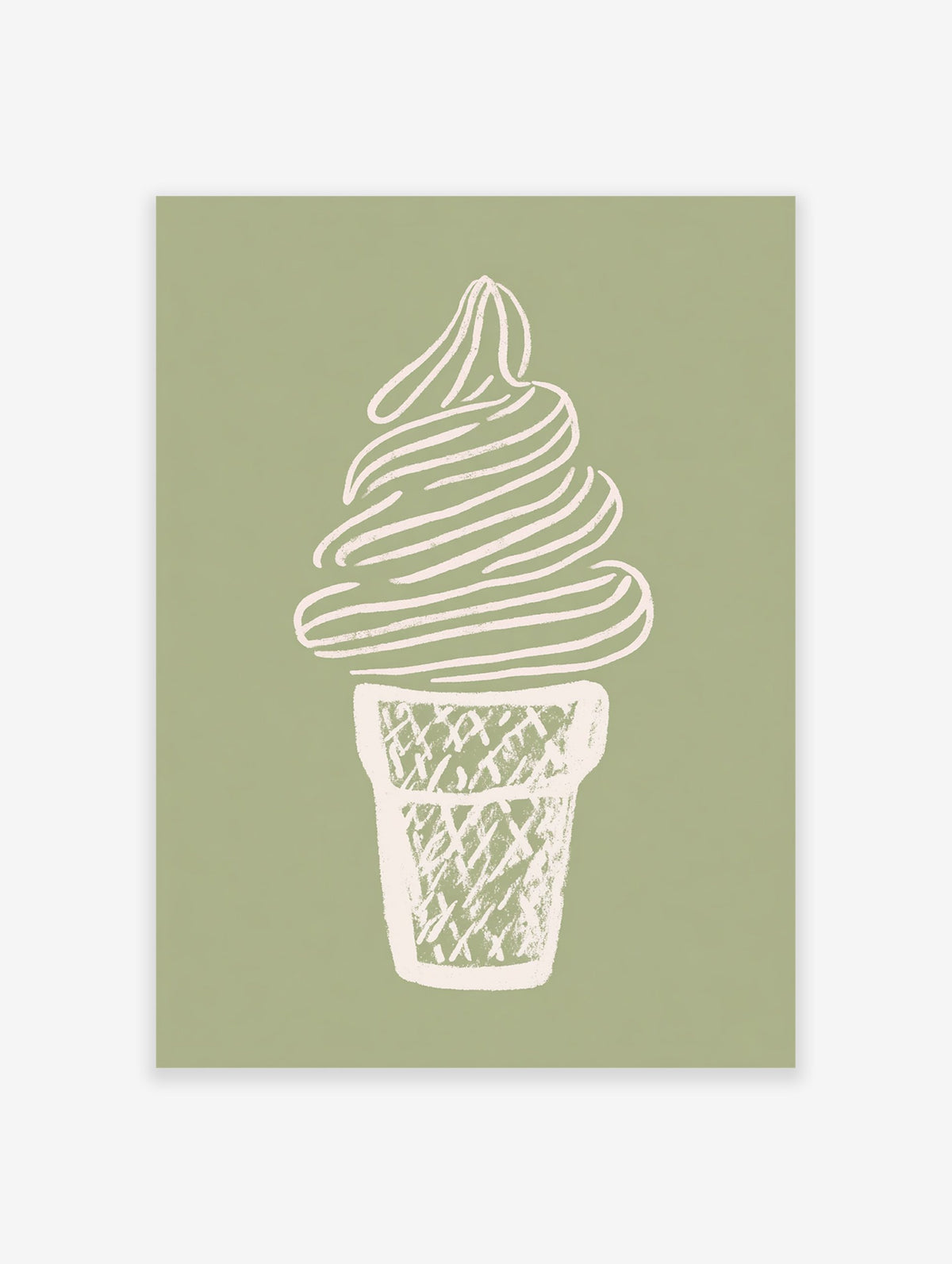 Minimalist illustration of a soft-serve ice cream cone in an off-white waffle cone on a sage green background.