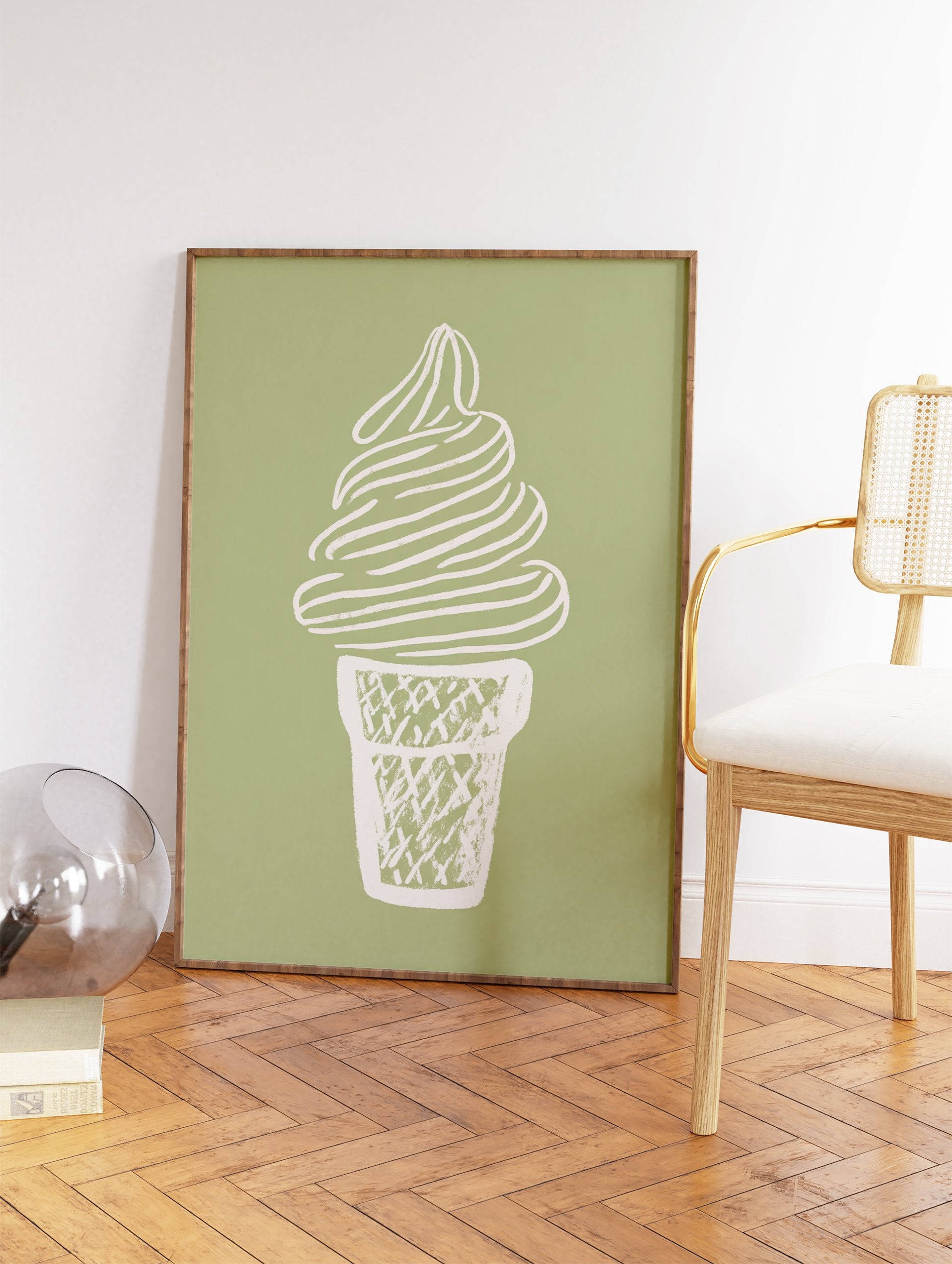 Minimalist illustration of a soft-serve ice cream cone in an off-white waffle cone on a sage green background. - Image 2
