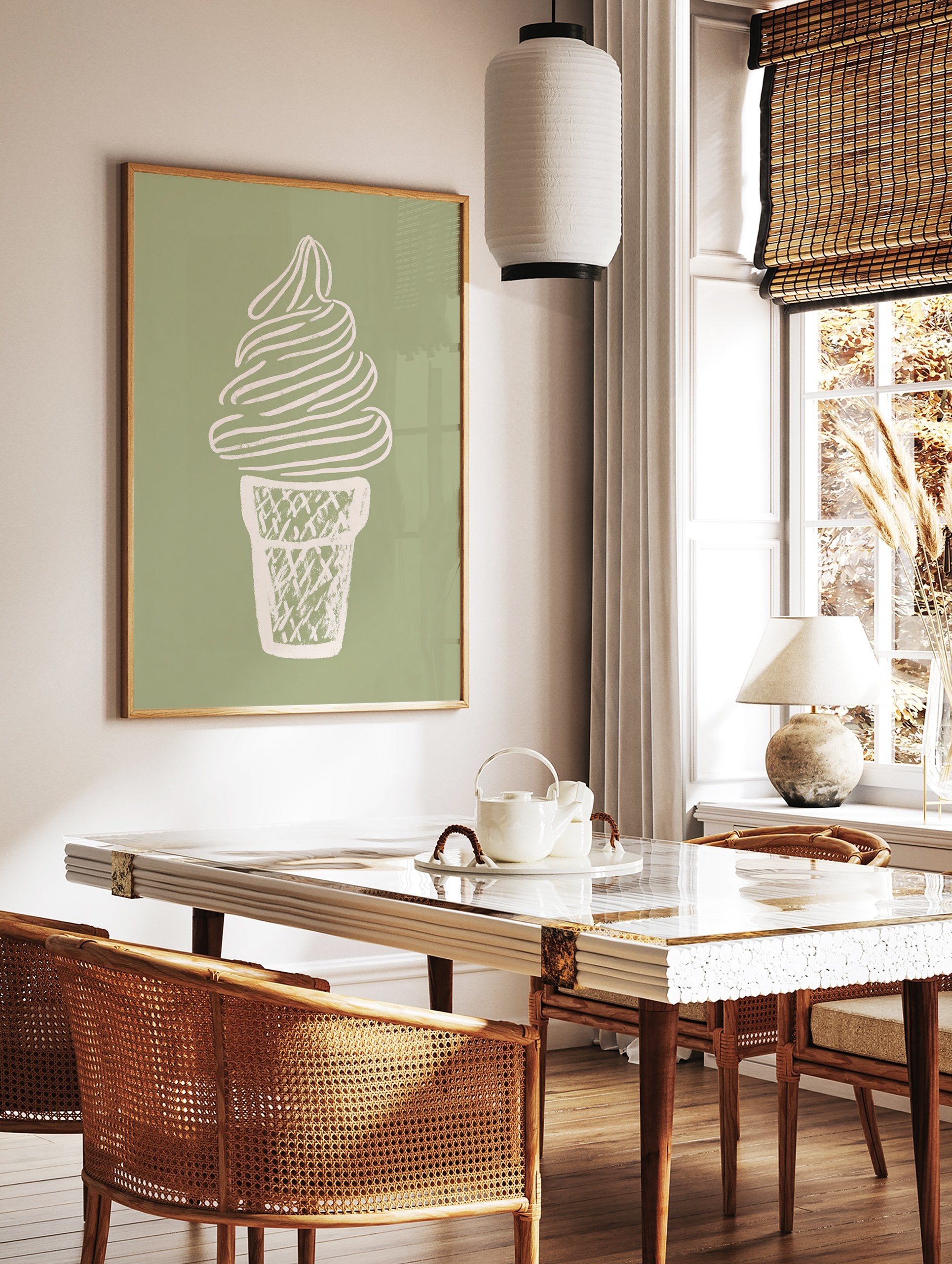 Minimalist illustration of a soft-serve ice cream cone in an off-white waffle cone on a sage green background. - Image 3