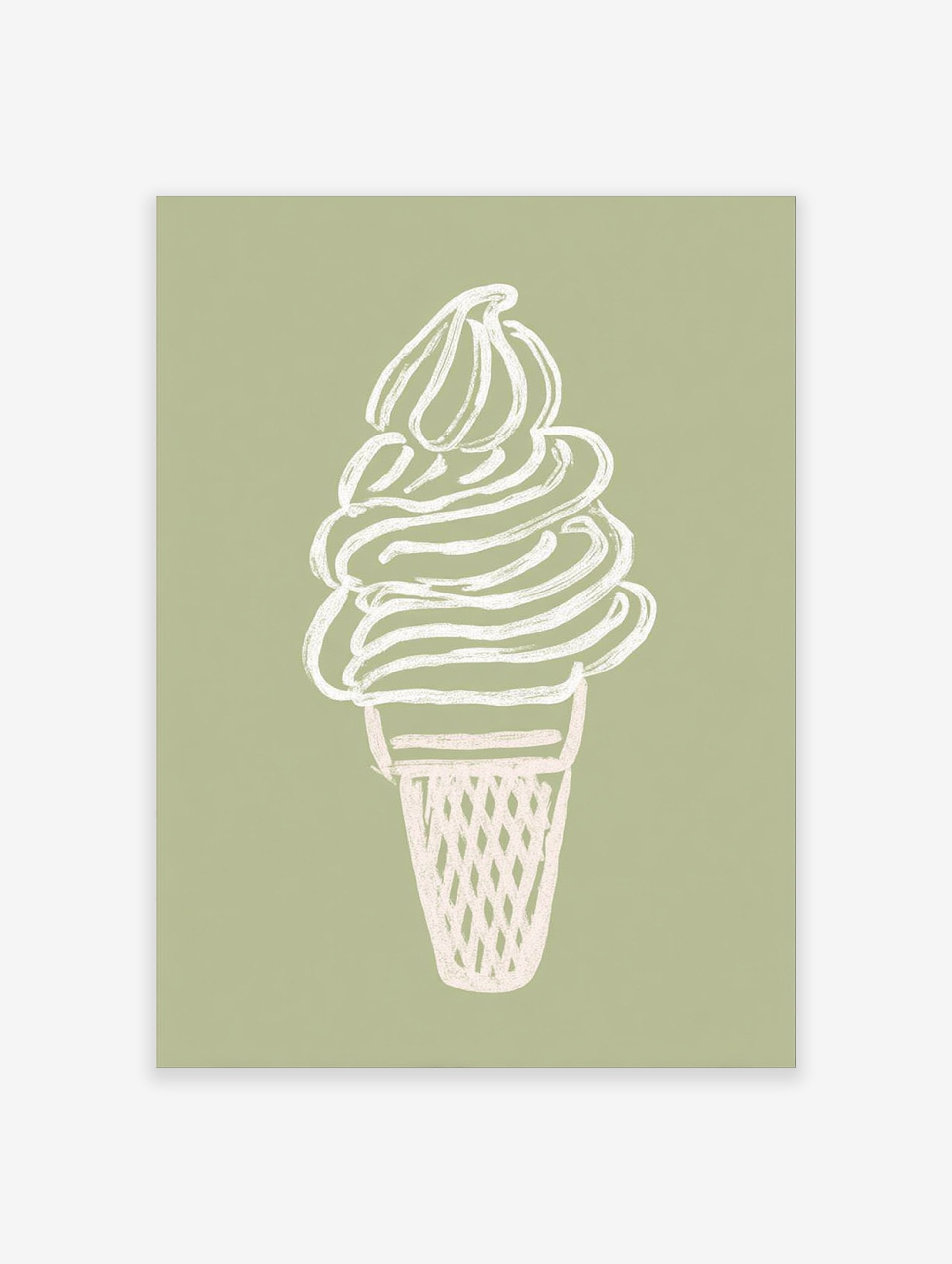 Minimalist soft serve ice cream cone illustration in off-white on a sage green background, perfect as ice cream wall art.