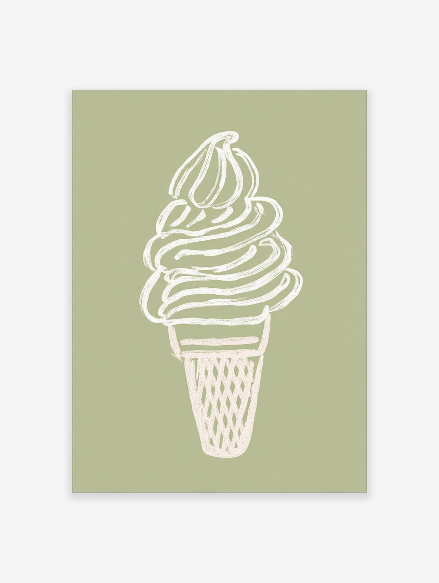 Minimalist soft serve ice cream cone illustration in off-white on a sage green background, perfect as ice cream wall art.