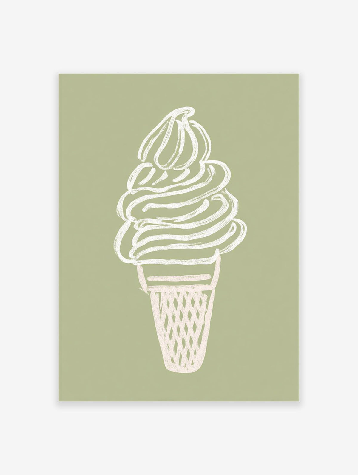 Minimalist soft serve ice cream cone illustration in off-white on a sage green background, perfect as ice cream wall art.