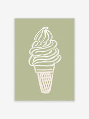 Minimalist soft serve ice cream cone illustration in off-white on a sage green background, perfect as ice cream wall art.