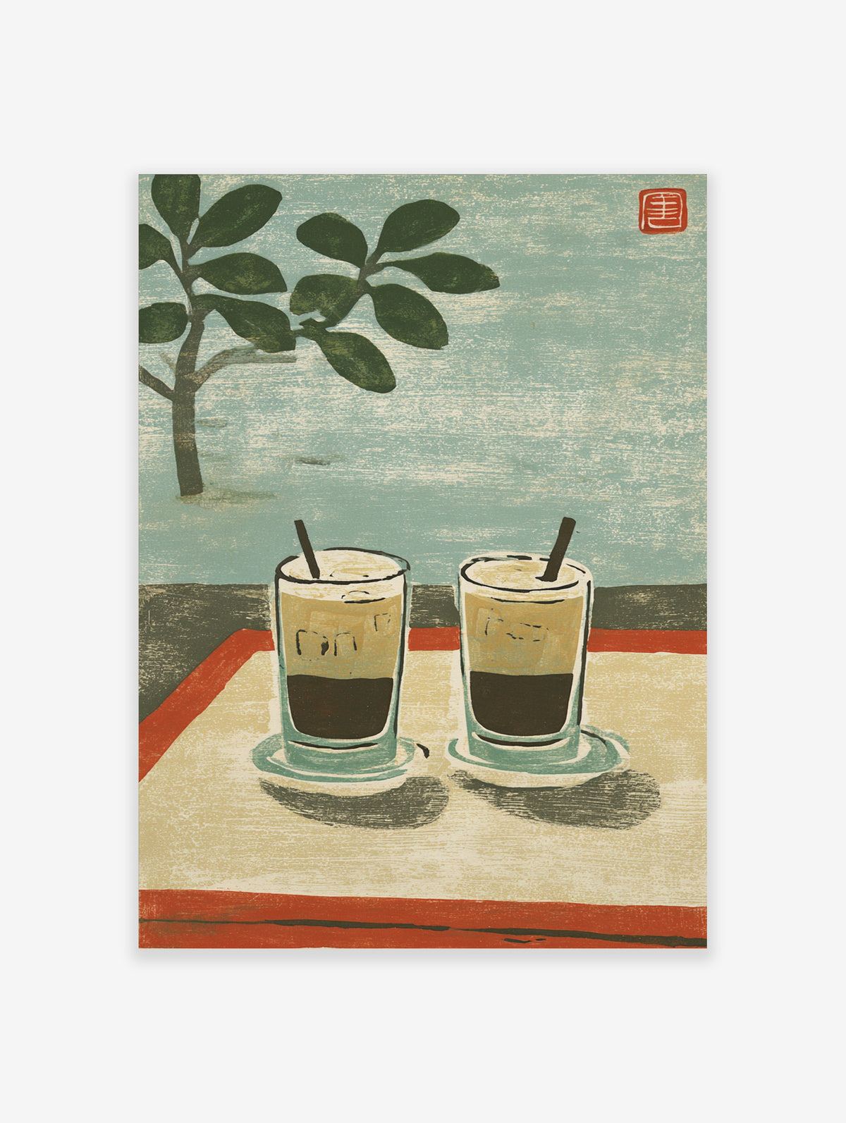 Iced coffee poster with two tall glasses, dark straws, green leaves, and a red seal on a pale blue background