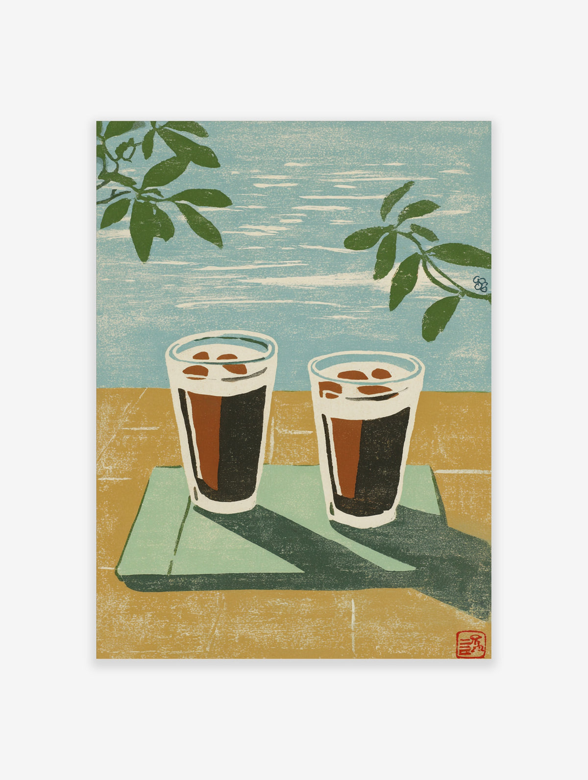 Iced coffee poster with two glasses on a green tray, blue water background and green leaves in Japanese woodblock style