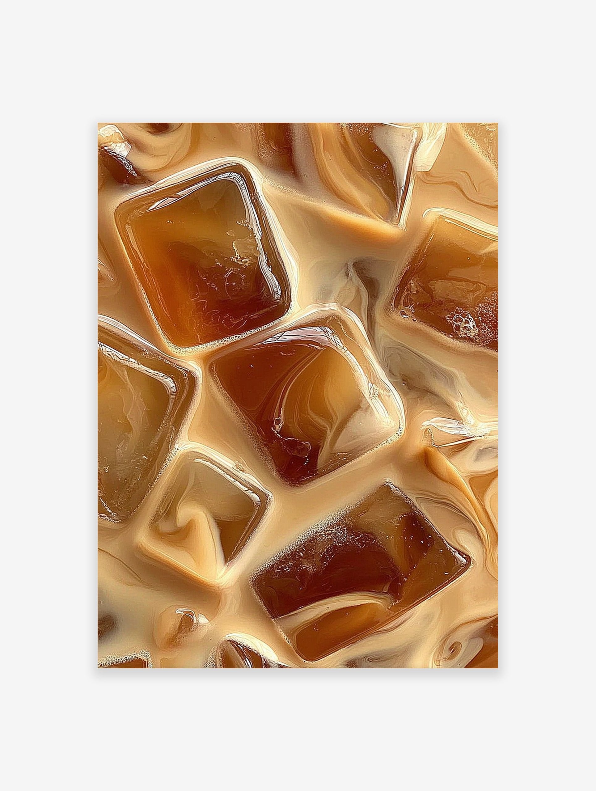 Close-up of iced coffee with milk swirling, creating an abstract pattern. Perfect Iced Coffee Wall Art.