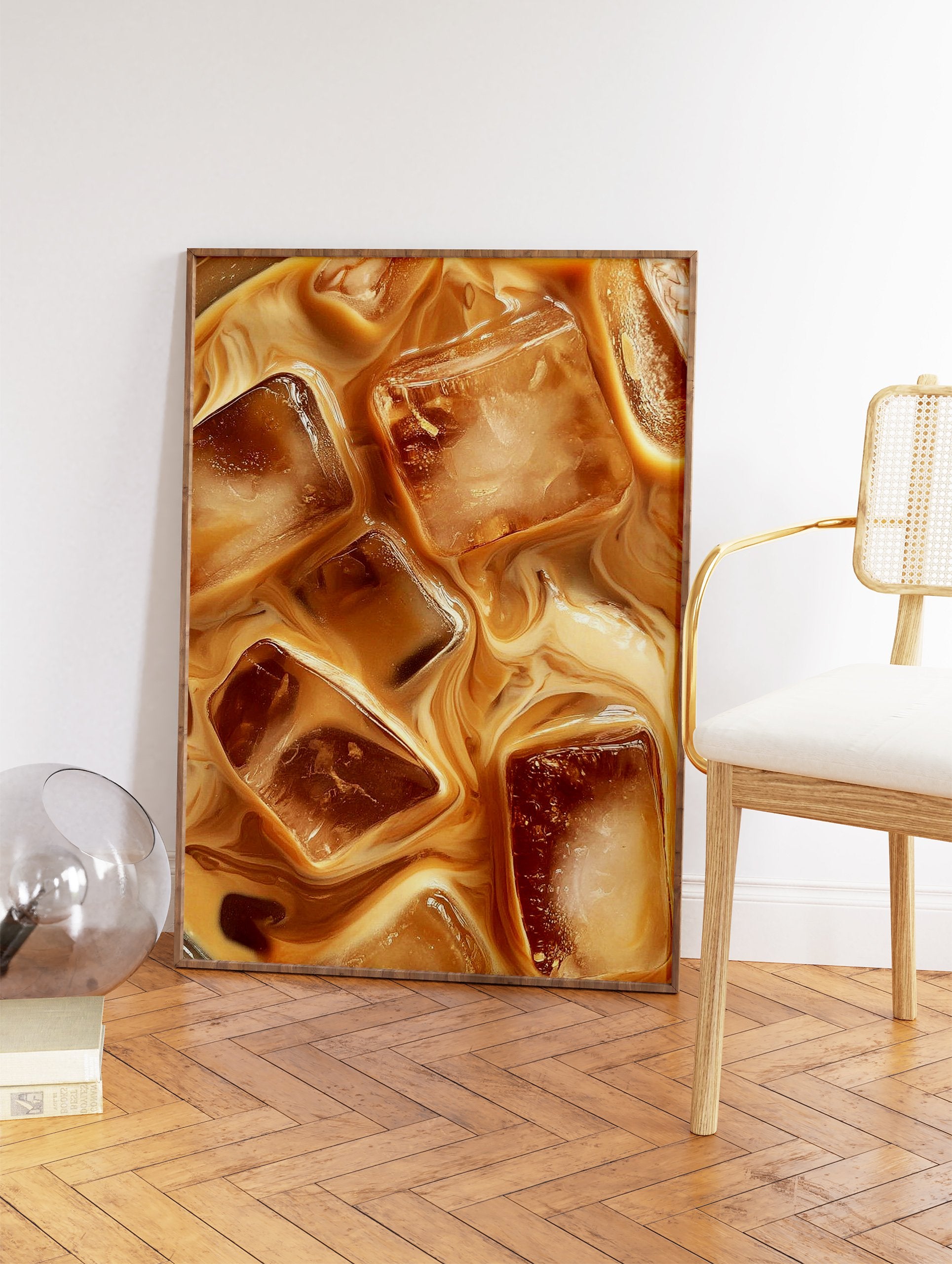 Close-up of iced coffee with ice cubes and cream swirling, a photographic iced coffee wall art print. - Image 2