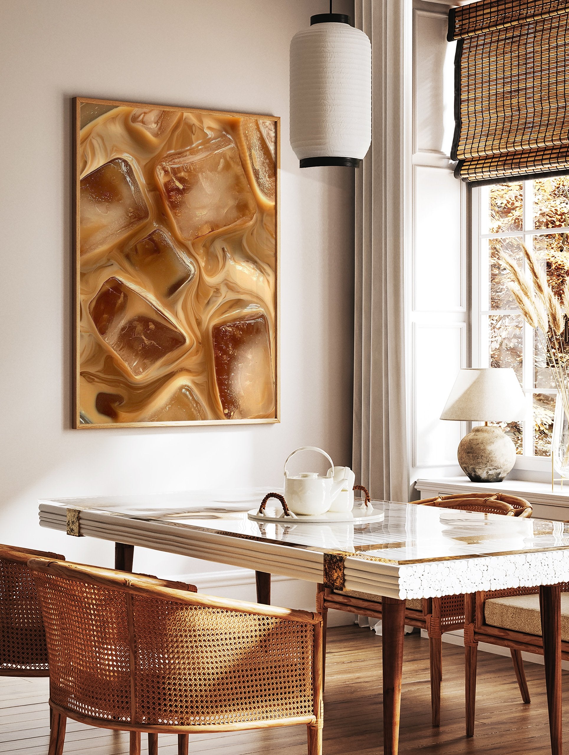 Close-up of iced coffee with ice cubes and cream swirling, a photographic iced coffee wall art print. - Image 3