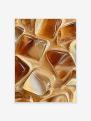 Close-up photographic print of iced coffee with milk and ice cubes swirling together, perfect for wall art.