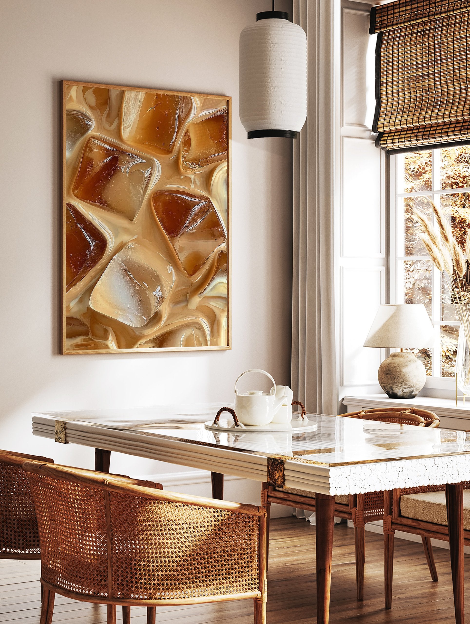 Close-up photographic print of iced coffee with milk and ice cubes swirling together, perfect for wall art. - Image 3