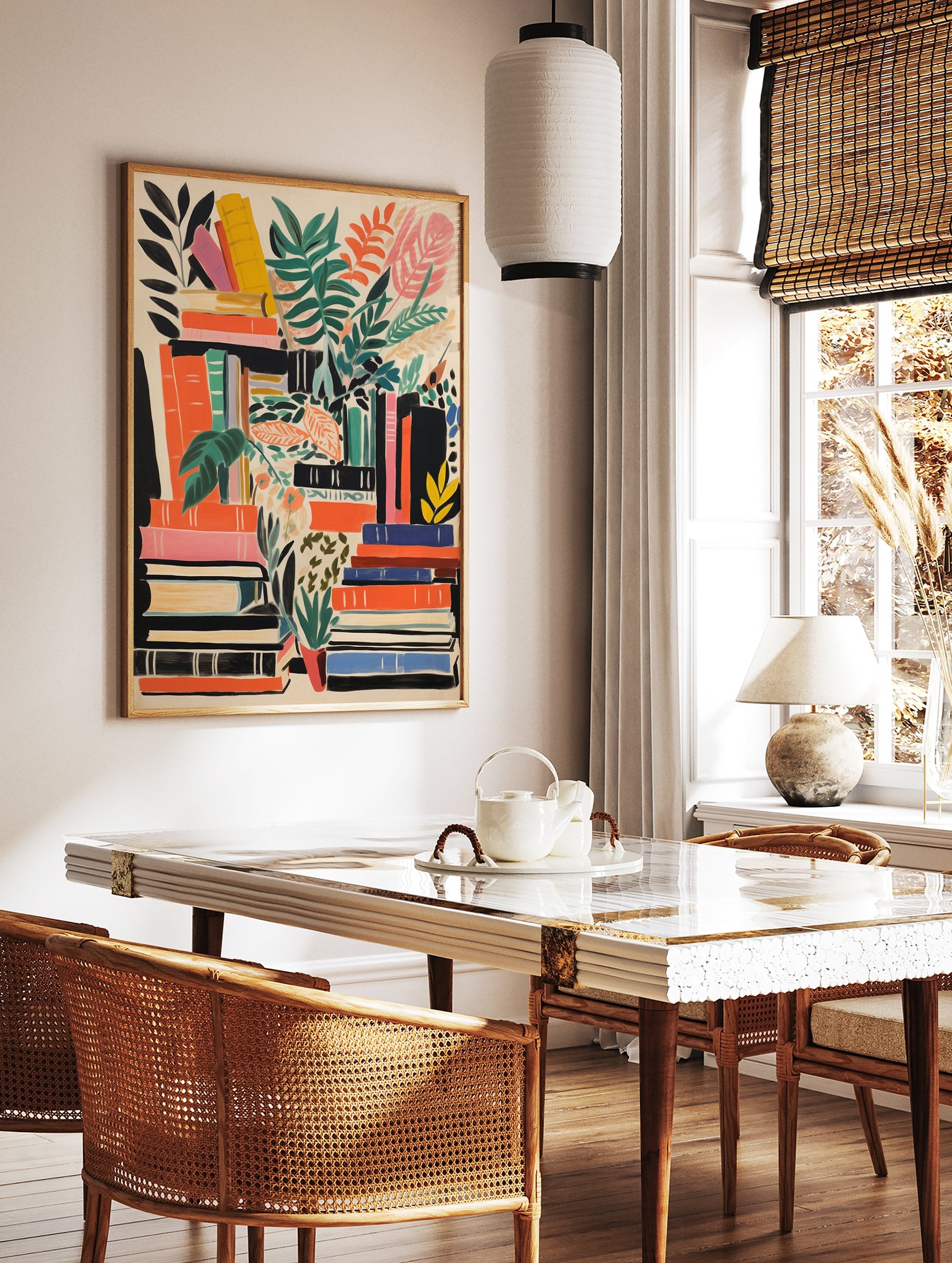 Illustrated poster showing stacks of books in orange, green, black, yellow, pink with various green and orange plants. - Image 2
