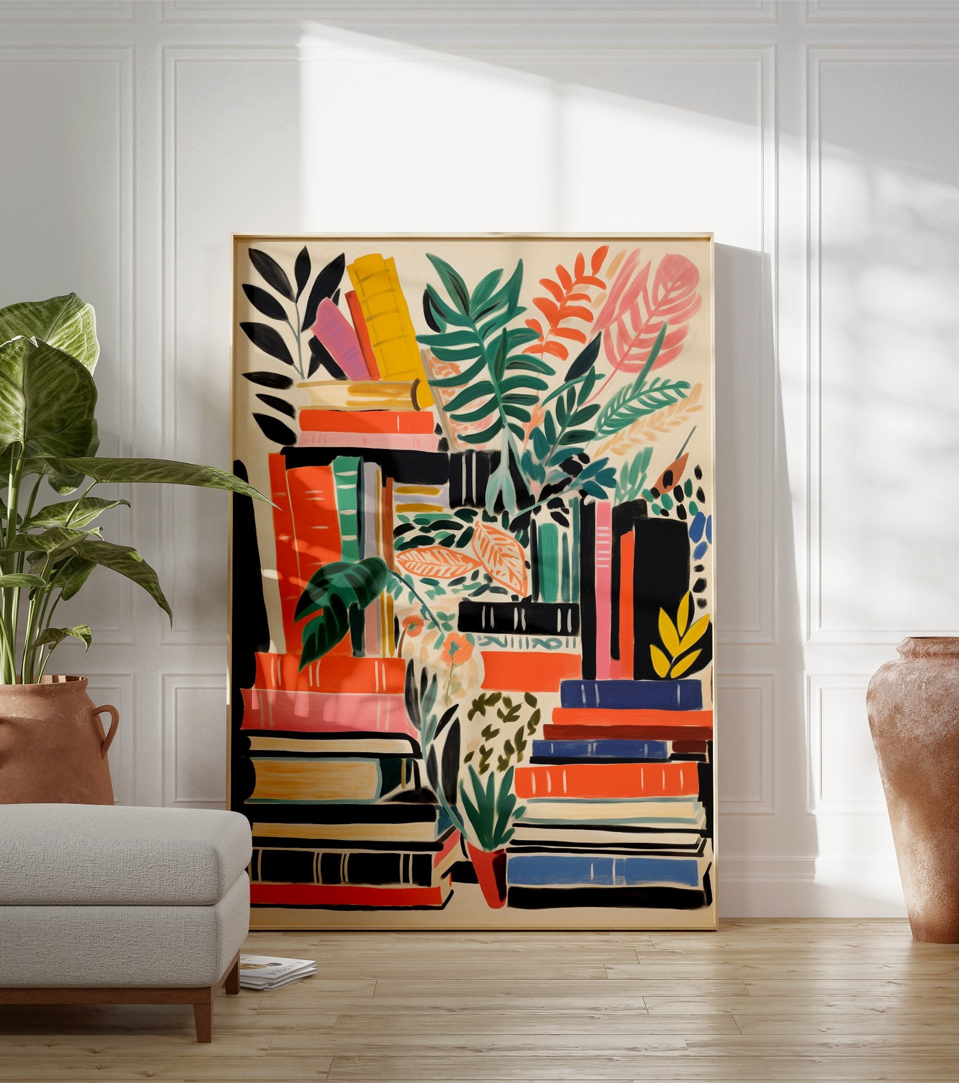Illustrated poster showing stacks of books in orange, green, black, yellow, pink with various green and orange plants. - Image 3
